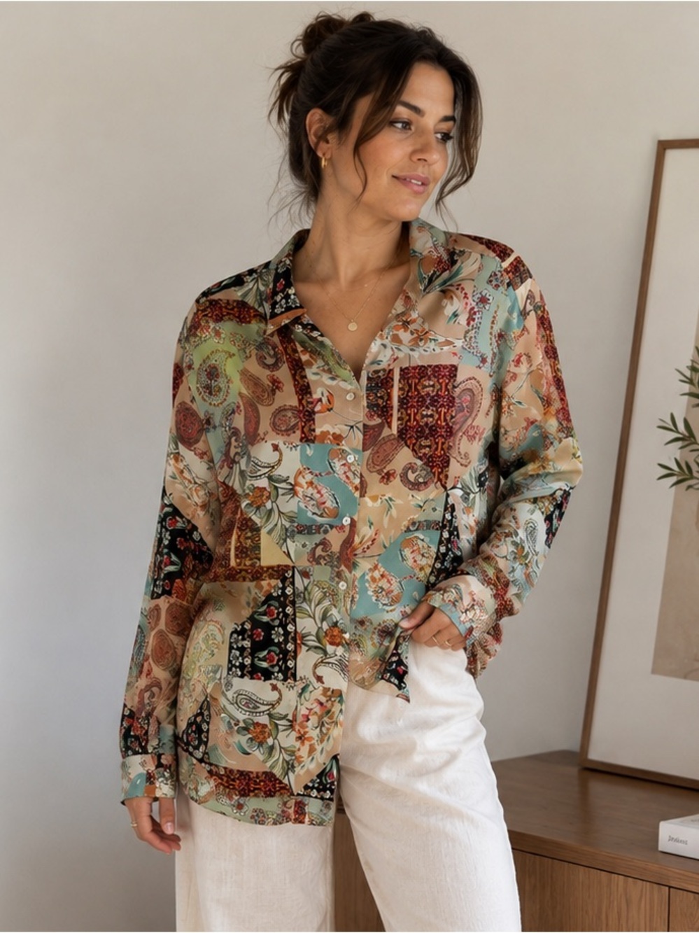 Zara Satin Paisley Patchwork Button Up Shirt XL Boho 70s Scarf Print Preppy